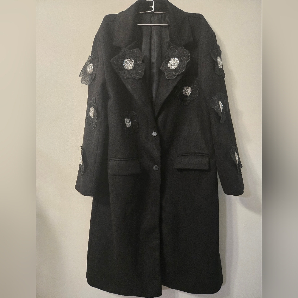 Floral Appliqued Woven Coat